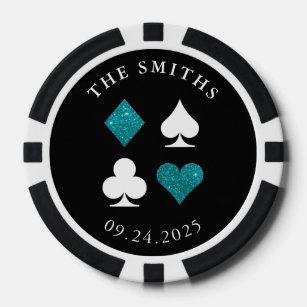 Aqua Blue Card Suits Wedding Date and Name Favour Poker Chips
