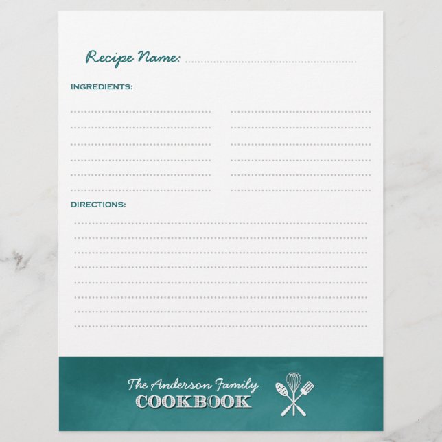 Aqua Blue Chalkboard Family Cookbook Binder Insert (Front)