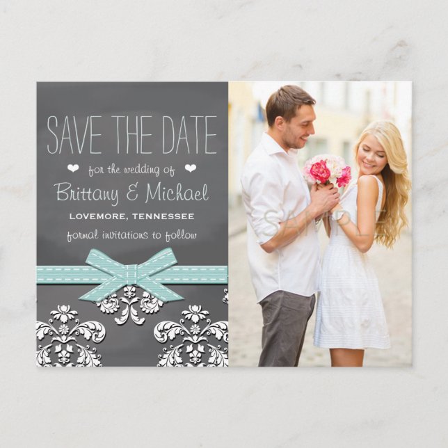 Aqua Blue Chalkboard Lace Bow Save the Date Announcement Postcard (Front)