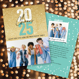 Aqua Blue Cheers 2025 Glitter Chic New Year Photo Holiday Card