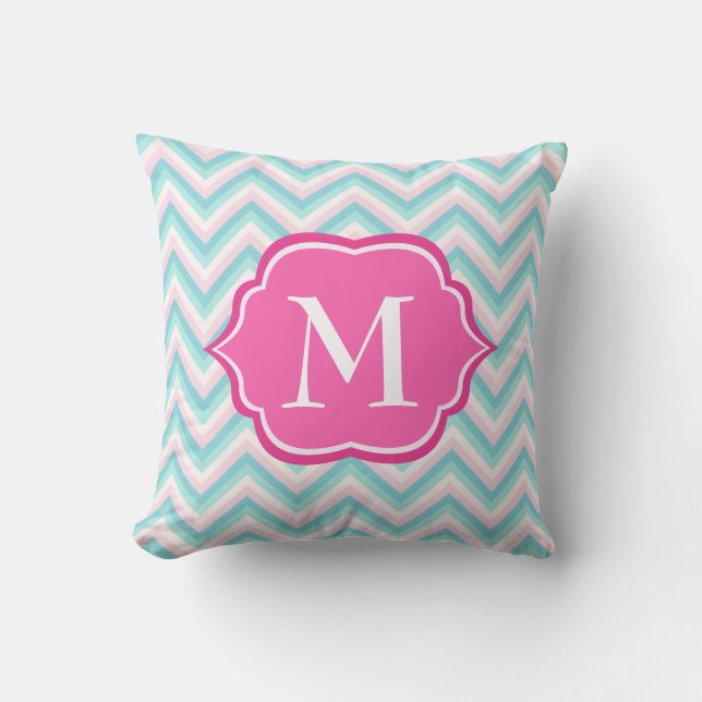 Aqua Blue Chevron Pink White Monogram Design Throw Pillow (Front)