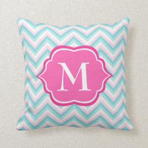 Aqua Blue Chevron Pink White Monogram Design Throw Pillow