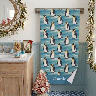 Aqua Blue Coastal Arctic Animal Penguin  Bath Towel