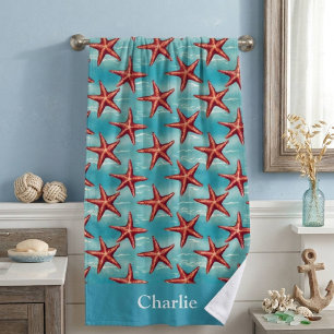 Aqua Blue Coastal Starfish Beach Towel