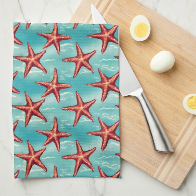 Aqua Blue Coastal Starfish Kitchen Towel (Quarter Fold)