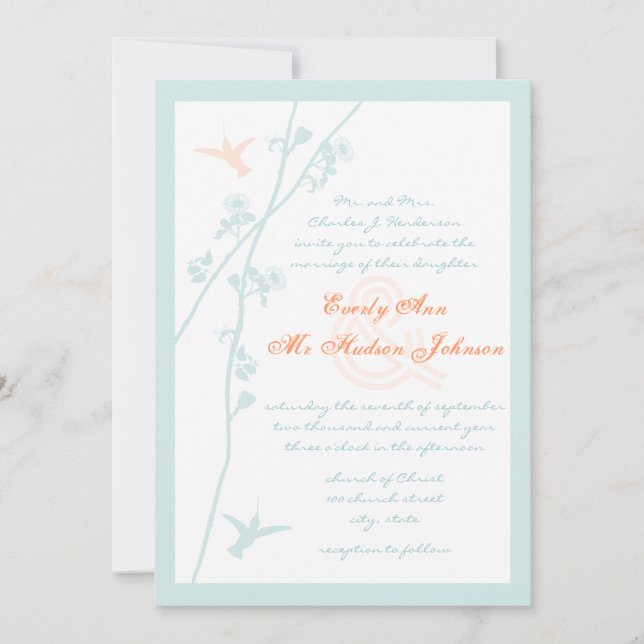 Aqua Blue Coral Flower Humming Bird Wedding Invitation (Front)