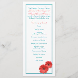 Aqua Blue Coral Gerbera Daisy Wedding Programme