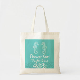 Aqua Blue Coral Reef Seahorse Flower Girl Tote Bag