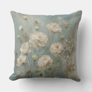 Aqua Blue Cream Beige Teal Floral Throw Pillow