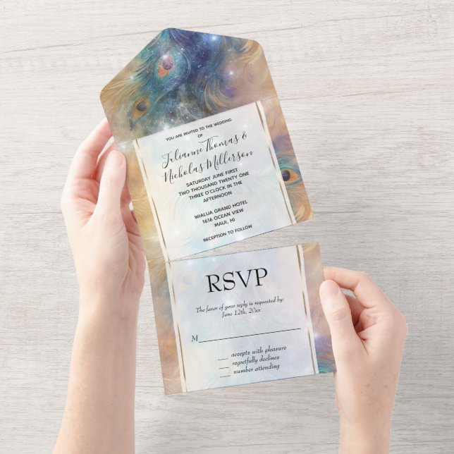 Aqua Blue Cream Peacock Feathers All In One Invitation (Tearaway)