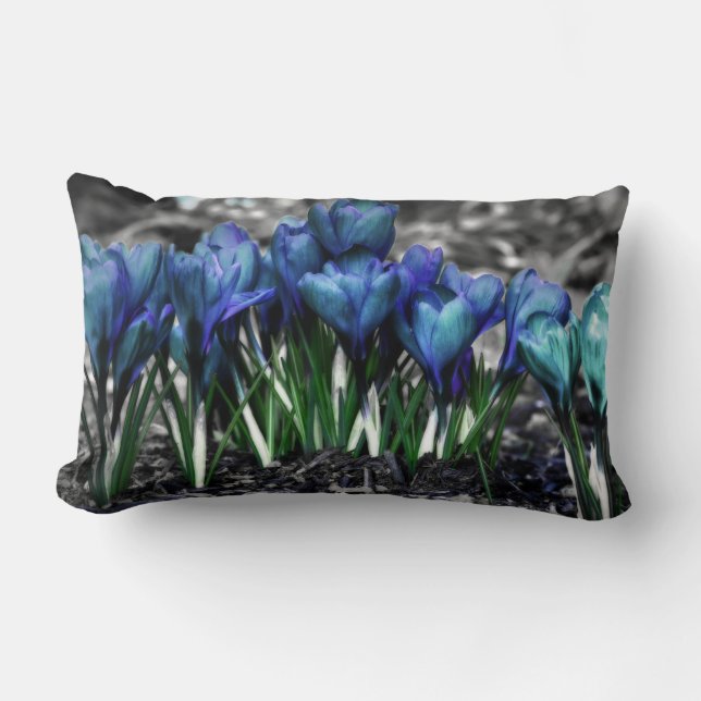 Aqua Blue Crocus Blooms Lumbar Pillow (Front)