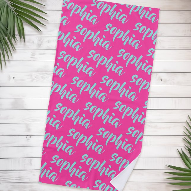 Aqua blue custom name script bold hot pink beach towel (Aqua blue custom name script bold hot pink beach towel)