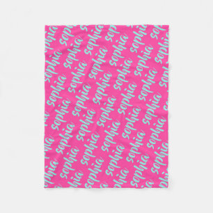 Aqua blue custom name script bold hot pink fleece blanket