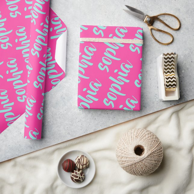 Aqua blue custom name script bold hot pink wrapping paper (Crafts)