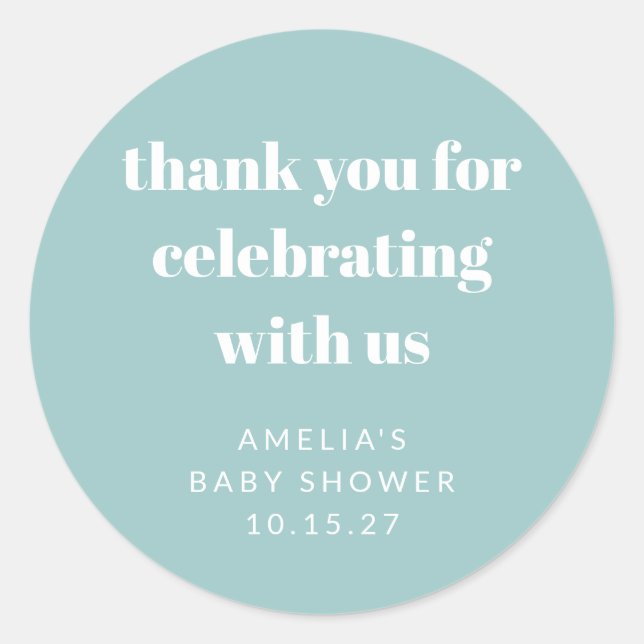 Aqua Blue Cute Custom Baby Shower Thank You Classic Round Sticker (Front)