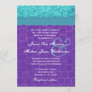 Aqua Blue Damask and Purple Wedding A004 Invitation