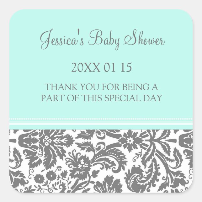 Aqua Blue Damask Baby Shower Favour Stickers (Front)
