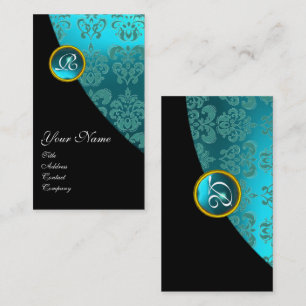 AQUA BLUE DAMASK GEMSTONE MONOGRAM Black Teal Business Card