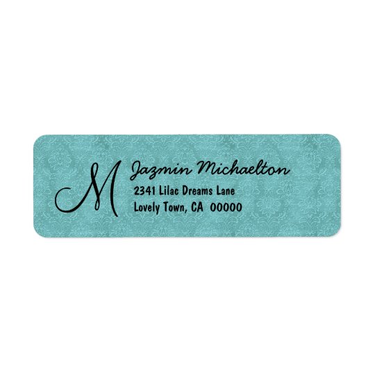 Aqua Blue Damask Monogram M or Any Initial M015 Return Address Label