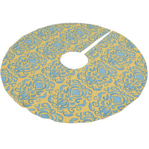 Aqua Blue Damask Old World Cream Yellow Brushed Polyester Tree Skirt