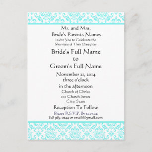 Aqua Blue Damask sur Faire-part de mariage blanche