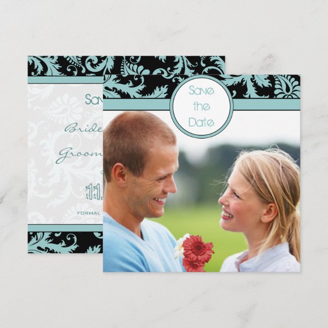 Aqua Blue Damask sur Faire-part de mariage noire (Devant / Derrière)