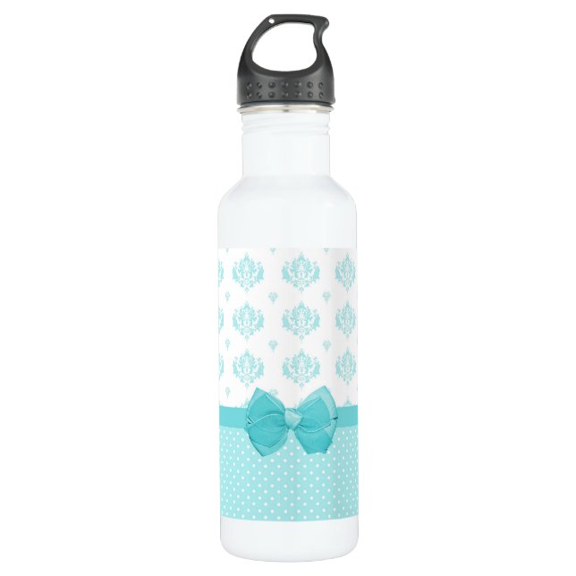 Aqua Blue Damask With Turquoise Ribbon 710 Ml Water Bottle (Front)
