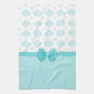 Aqua Blue Damask With Turquoise Ribbon Kitchen Towel
