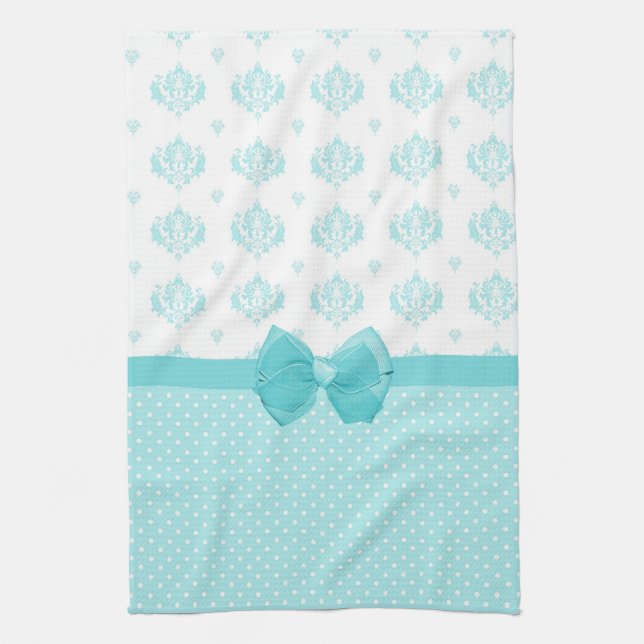 Aqua Blue Damask With Turquoise Ribbon Kitchen Towel (Vertical)