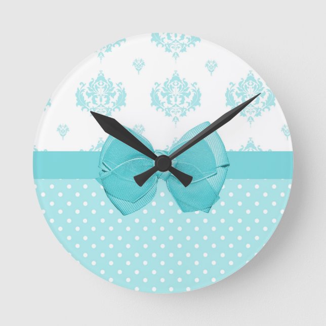Aqua Blue Damask With Turquoise Ribbon Round Clock (Front)