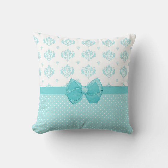 Aqua Blue Damask With Turquoise Ribbon Throw Pillow (Front)