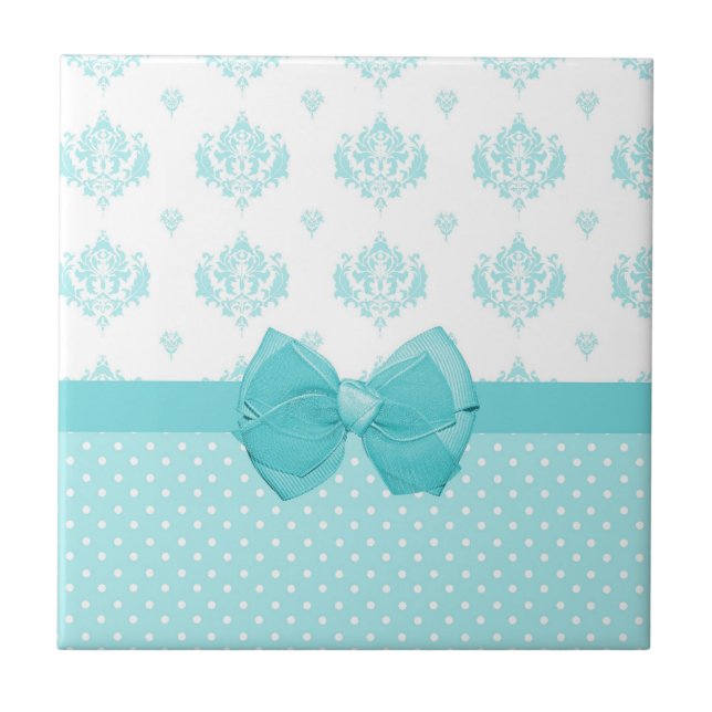 Aqua Blue Damask With Turquoise Ribbon Tile (Front)