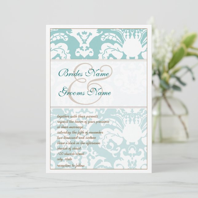 Aqua Blue et Mariage damassé Brown Invitation (Debout devant)