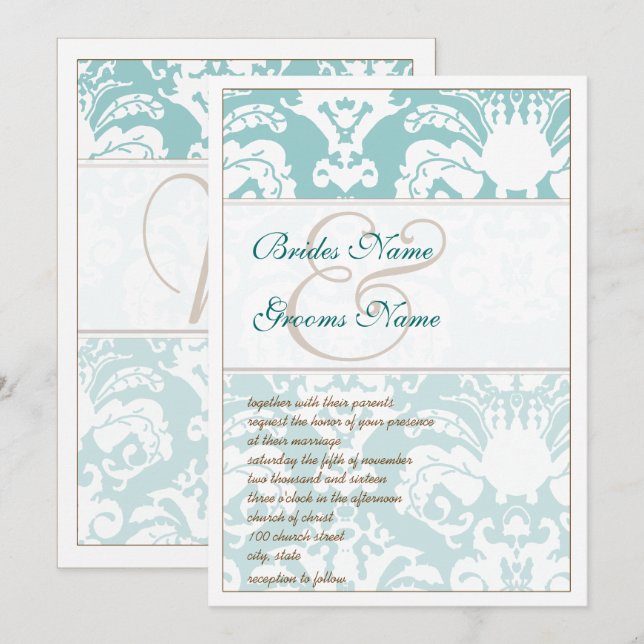 Aqua Blue et Mariage damassé Brown Invitation (Devant / Derrière)