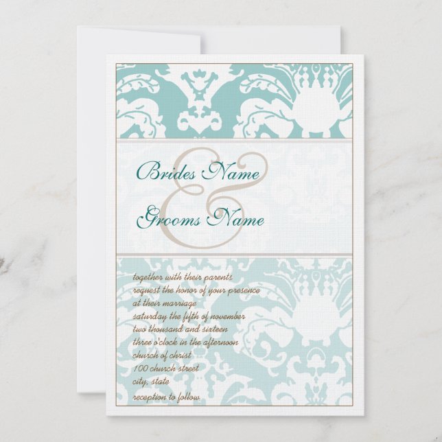 Aqua Blue et Mariage damassé Brown Invitation (Devant)