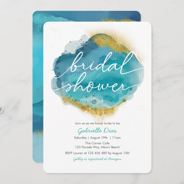 Aqua Blue et or Ocean Bridal Douche invitation (Devant / Derrière)