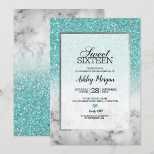 Aqua Blue Faux Glitter and Marble Sweet 16 Party Invitation