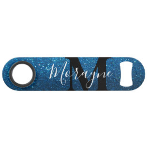 Aqua Blue Faux Glitter Black White Monogram Name Bar Key