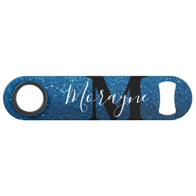 Aqua Blue Faux Glitter Black White Monogram Name Bar Key (Back Horizontal)