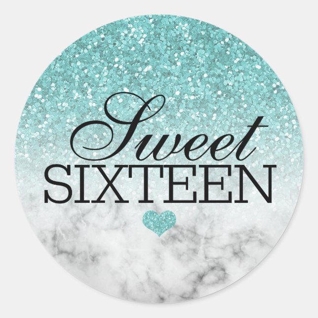 Aqua Blue Faux Glitter/Marble Sweet 16 Classic Round Sticker (Front)