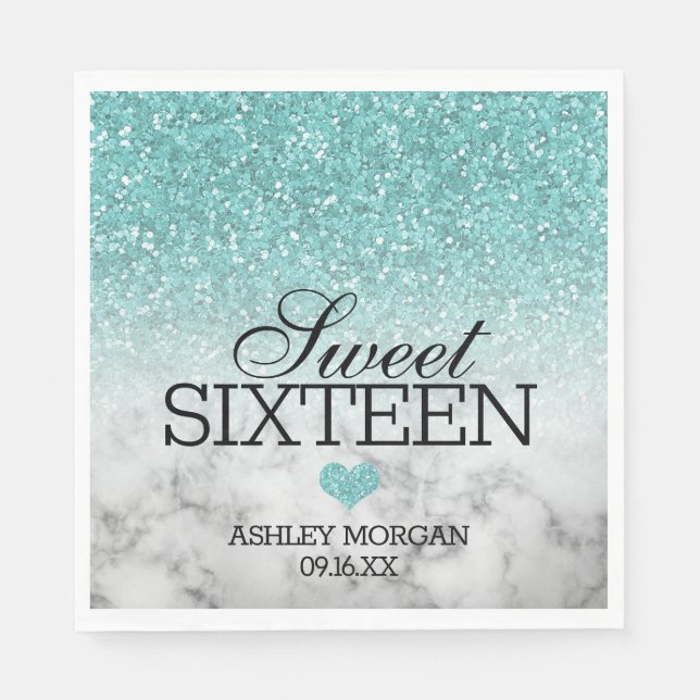 Aqua Blue Faux Glitter/Marble Sweet 16 Napkin (Front)