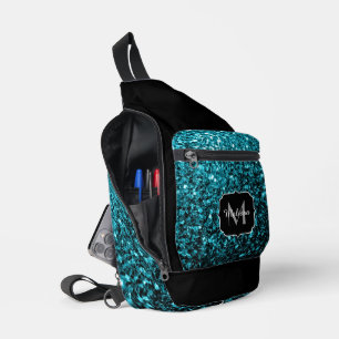 Aqua blue faux glitter sparkles Black Monogram Sling Bag
