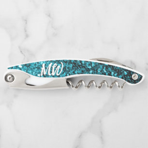 Aqua blue faux glitter sparkles Monogram Corkscrew