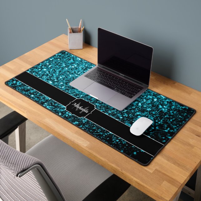 Aqua blue faux glitter sparkles Monogram Desk Mat (Office 2)