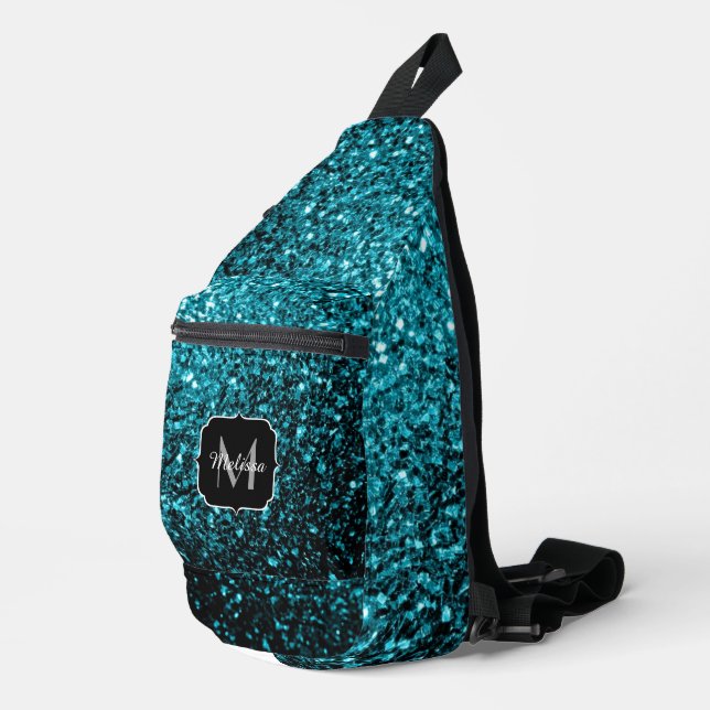 Aqua blue faux glitter sparkles Monogram Sling Bag (Right Corner)