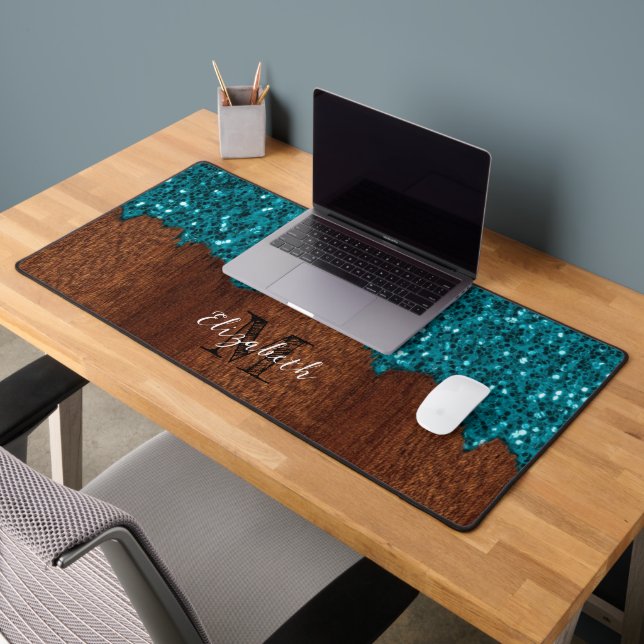Aqua blue faux sparkles rustic wood Monogram Desk Mat (Office 2)