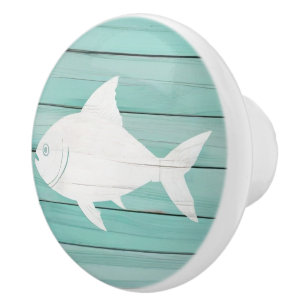 Aqua Blue Fish Faux Wood Nautical Drawer knob