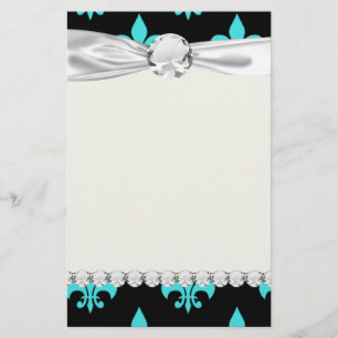 aqua blue fleur de lis pattern stationery