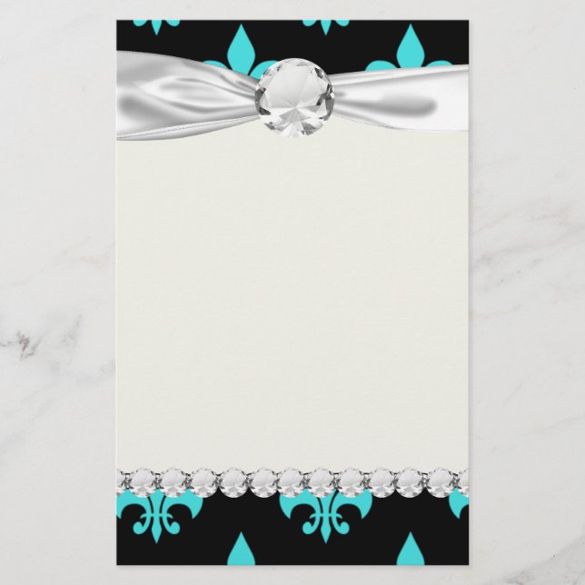 aqua blue fleur de lis pattern stationery (Front)