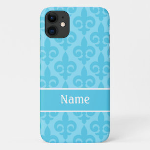 Aqua Blue Fleur de Lis Personalized iPhone 11 Case